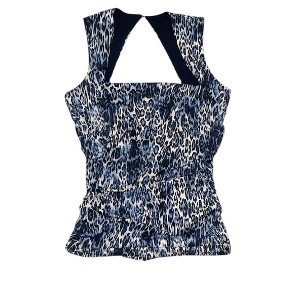 Cache Tops - Cache Vintage Blue leopard print halter top with ruffle detail